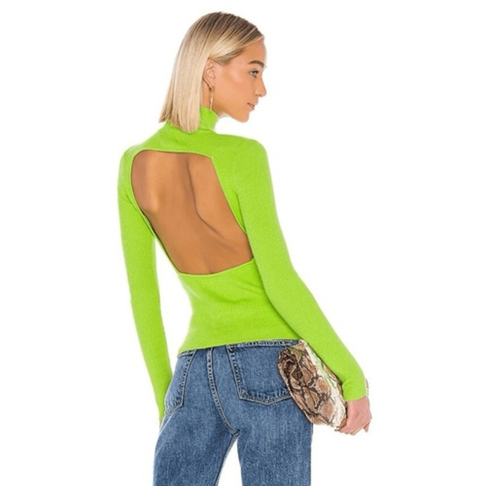 LPA Lime Green Ribbed Mock Neck Open Back Sweater‎ Long Sleeve Neon Size S